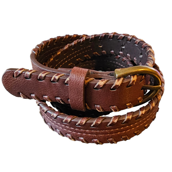 Vintage Accessories - Vintage Faux Vegan leather brown woven skinny western belt gold brass M 34